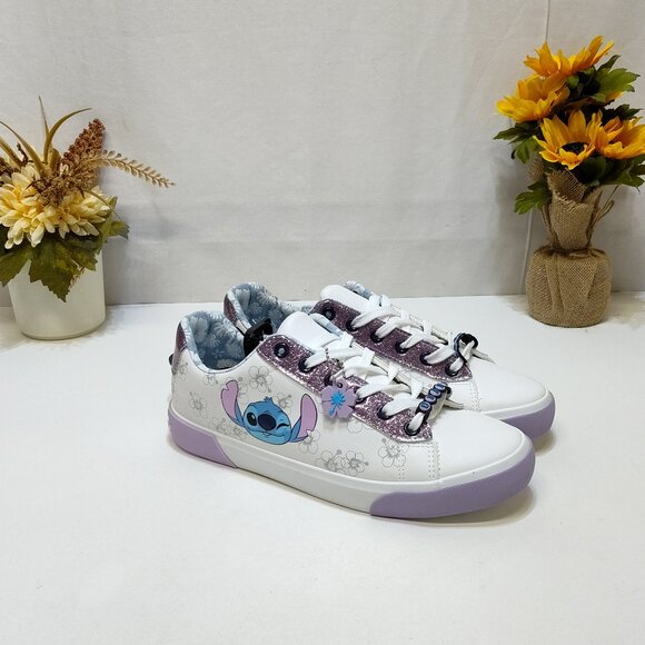 Disney Stitch Low Top Sneakers Womens 9.5 Lace-Up Glitter Accents Charm Keychain - Picture 1 of 9